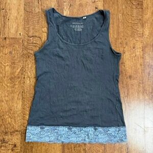 grey Broadway NYC Fashion Basic tank top with blue lace trim, minor flaw in pics